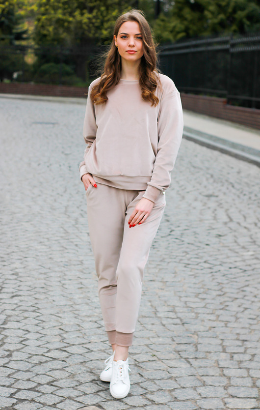 komplety damskie Dres damski,bluza,spodnie,beżowy welur