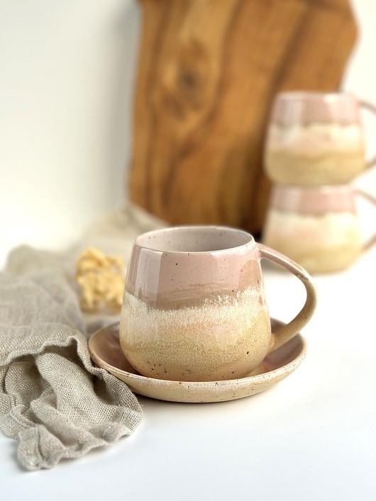 filiżanki Kubek / Filiżanka Beczułka ze spodkiem 320 ml - Różowe migdały