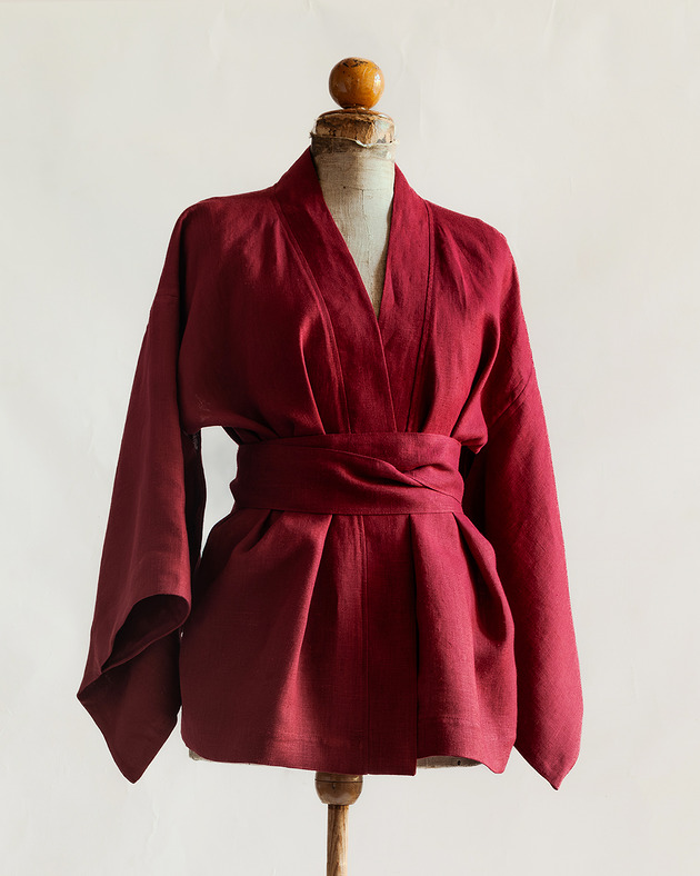 bluzki kimonowe damskie Kimono lniane wiśniowe, lniana bluzka czerwona