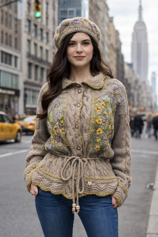 kardigany damskie Kardigan w kolorze nugatowym z warkoczami i haftami, rozmiar L/XL