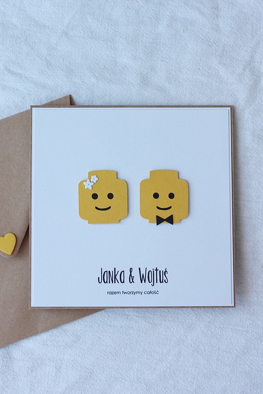 kartki scrapbooking Klocki. Żółte ludziki - kartka walentynkowa