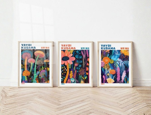 plakaty ZESTAW 3 plakatów Yayoi Kusama abstrakcja kwiaty