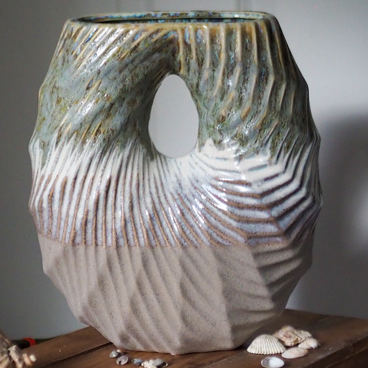 wazony Wazon ceramiczny- beż- krem/szałwia, dwa otwory, 30cm