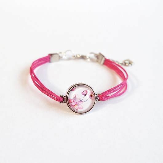 bransoletki ze szkła Bransoletka - Kwiat wiśni - ciemny róż, sznurki