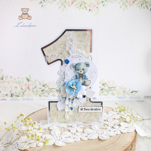 kartki scrapbooking Kartka jedynka urodzinowa, na roczek "Miś 2" GOTOWA
