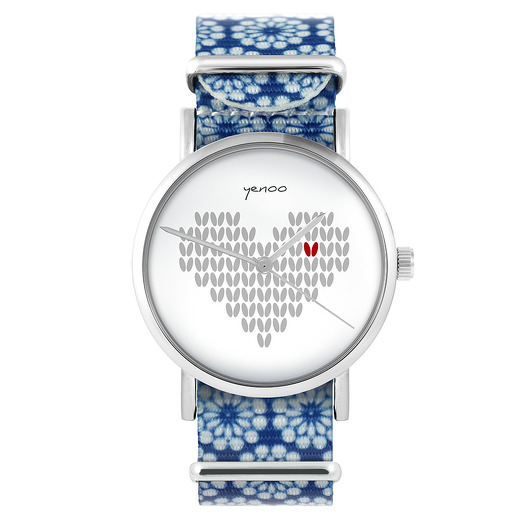 zegarki damskie Zegarek - Serce dziergane - niebieski, kwiaty