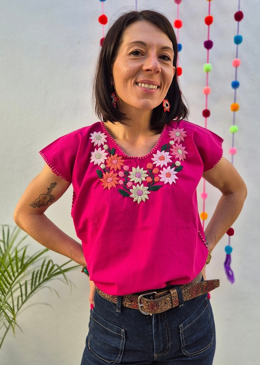 t-shirt damskie Bluzka ręcznie haftowana Bordado Różowa kwiaty ONE SIZE