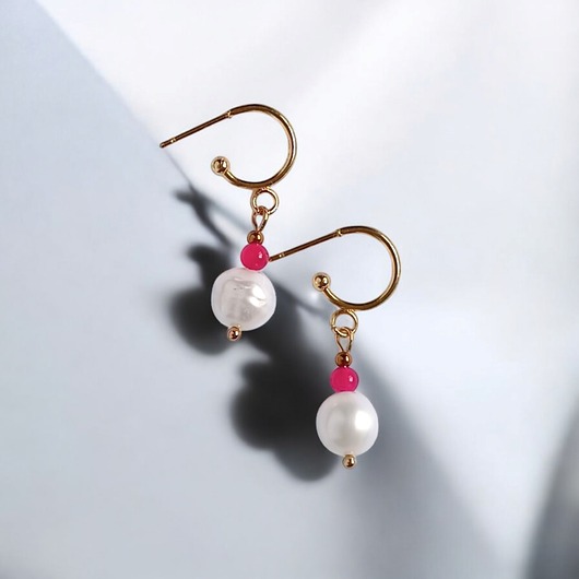 kolczyki z kamieniami Kolczyki FUCHSIA & PEARL collection: perła i agat : sztyfty-kółka