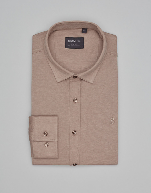 koszule męskie Koszula raguza 00497 długi rękaw beżowy slim fit
