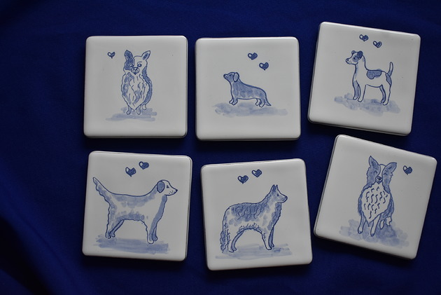 podkładki do kuchni Podkładki pod kubki kafelki psy kobaltowe
