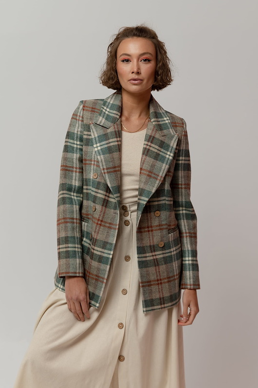 marynarki damskie Wełniana marynarka w kratę, LIGHT VINTAGE GREEN