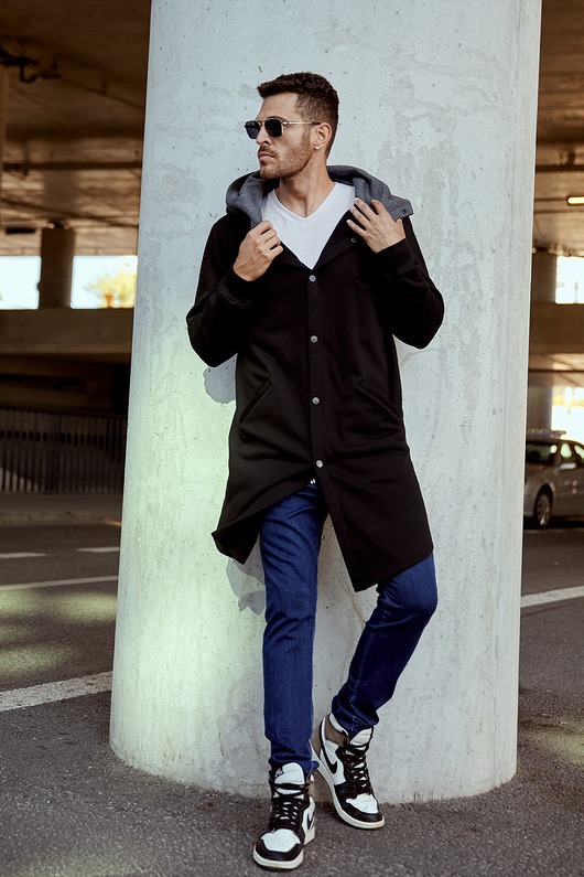 bluzy męskie Bluza ROBIN MEN długa asymetryczna z dużym kapturem czarna