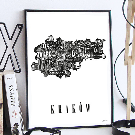 plakaty Mapa - KRAKÓW plakat czarno biały