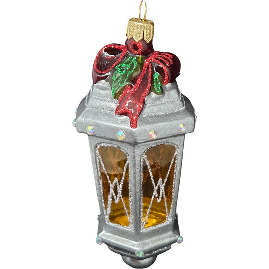 bombki Ręcznie malowana szklana bombka srebrny lampion z czerwoną kokardą