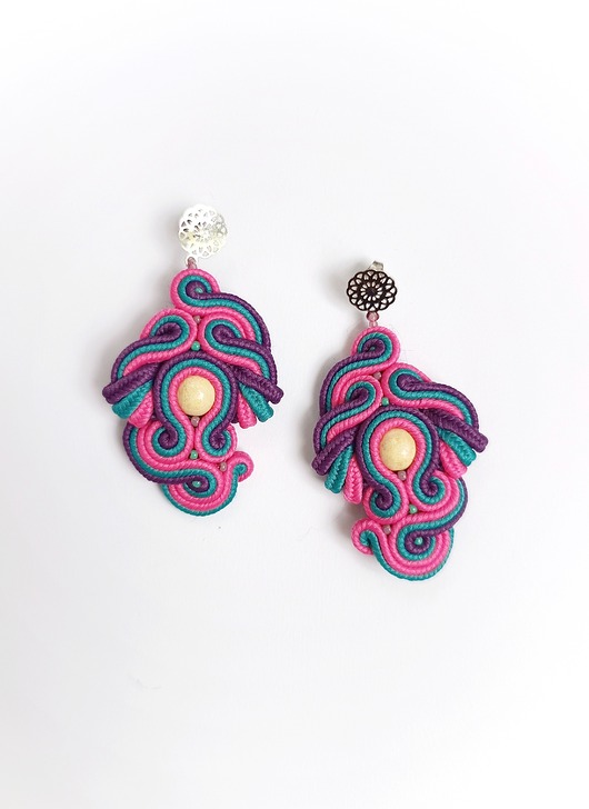 kolczyki soutache Kolczyki sutasz - drewniany koralik kolorowe