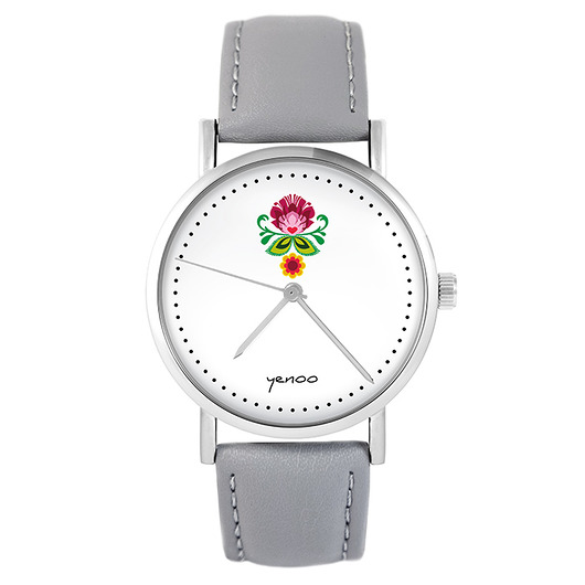 zegarki damskie Zegarek - Folkowy kwiat - skóra, szary