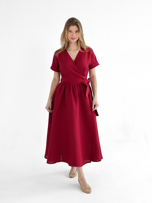 sukienki midi damskie Lniana Sukienka JASMINE RED WINE