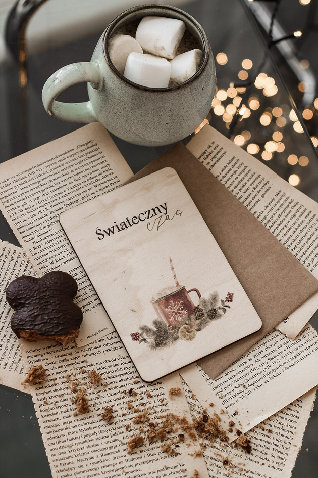 kartki świąteczne Świąteczny czas - drewniana kartka