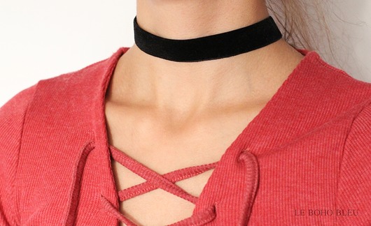 Wide Black Velvet Choker Necklace in Silver Le Boho Bleu