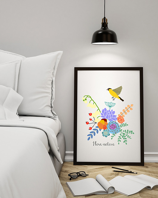 plakat. kwiaty i ptaki Love Life and Forest