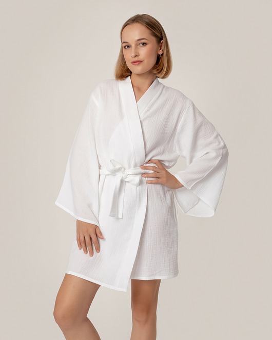 szlafroki damskie Kimono muślinowe białe