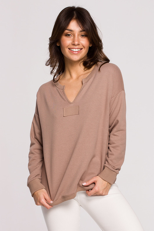 bluza bez kaptura damska Bluza z wycięciem w dekolcie-cappuccino(B225)