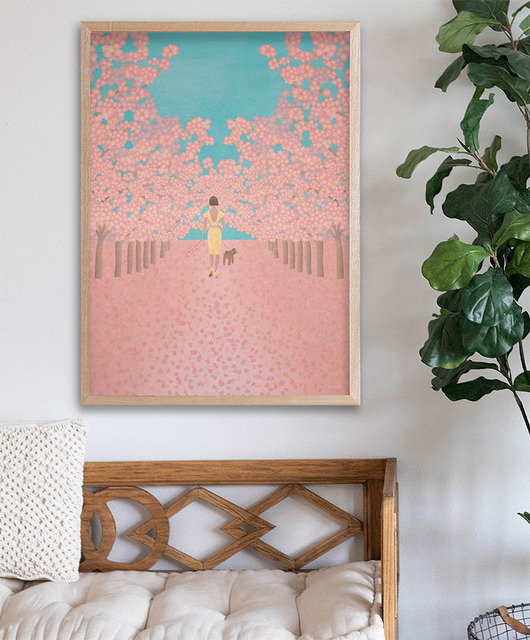 plakaty Kwitnące wiśnie - spacer z psem - plakat fine art