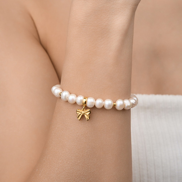 bransoletki złote Bransoletka perły naturalne kokardka- srebro 925 pozłacane