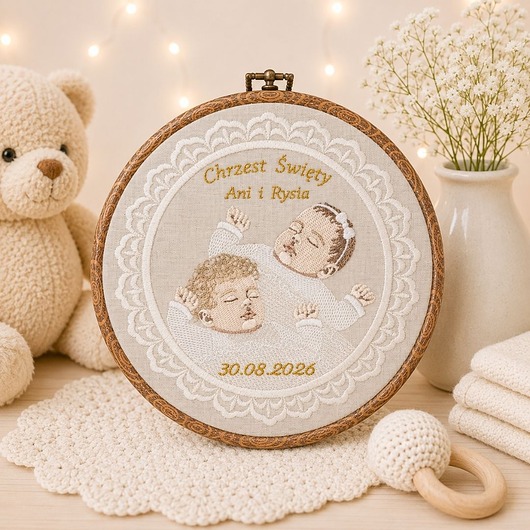 kartki, zaproszenia na chrzest Haftowana personalizowana pamiątka chrztu w oprawie 20 cm