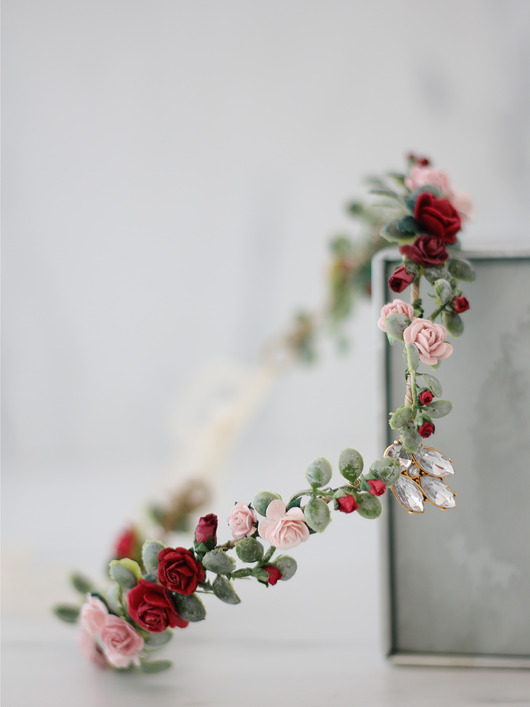 Ślubne ozdoby do włosów Elficki diadem z klejnotem - czerwień i róż