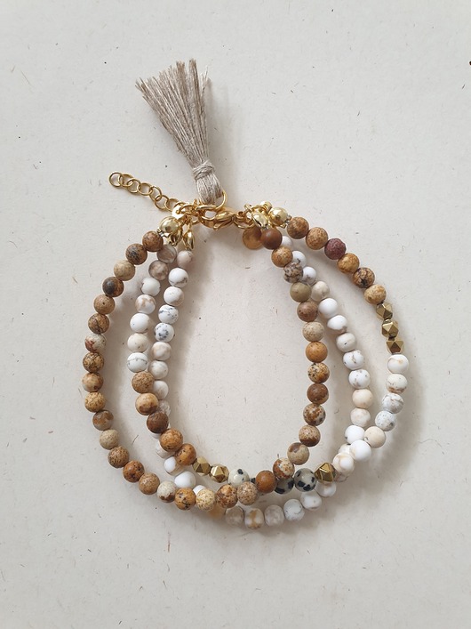 bransoletki z kamieni naturalnych Bransoletka TRIO jaspis dalmatyński, obrazkowy, howlit, hematyt, lniany chwost