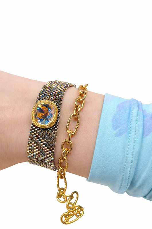 bransoletki na sznurku Ręcznie tkany mankiet wrap  z kryształem złocony