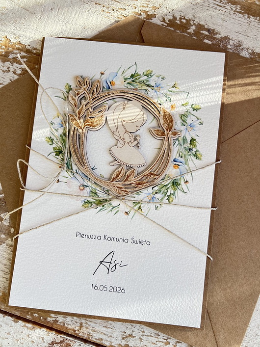 kartki na komunię Kartka komunijna ręcznie robiona z imieniem od matki chrzestnej