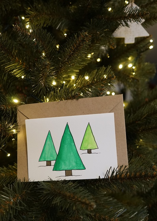 kartki scrapbooking Kartka Świąteczna Trzy Choinki, akwarela.