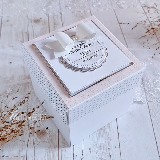 kartki, zaproszenia na chrzest Exploding box chrzest dalikatny róż ze srebrem