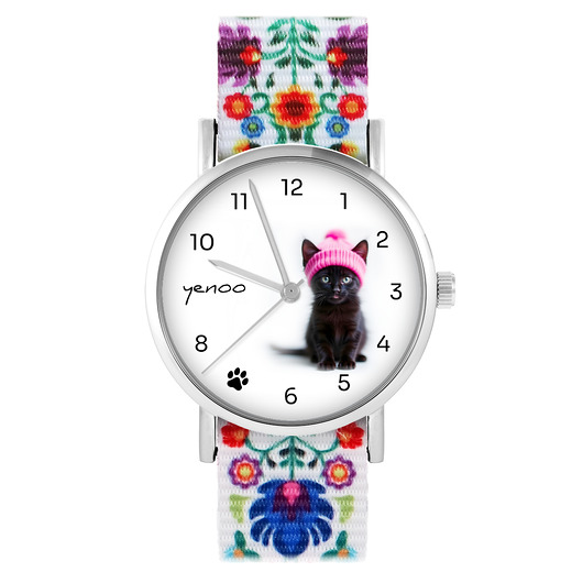 zegarki damskie Zegarek - Czarny kotek - folk biały, nylonowy
