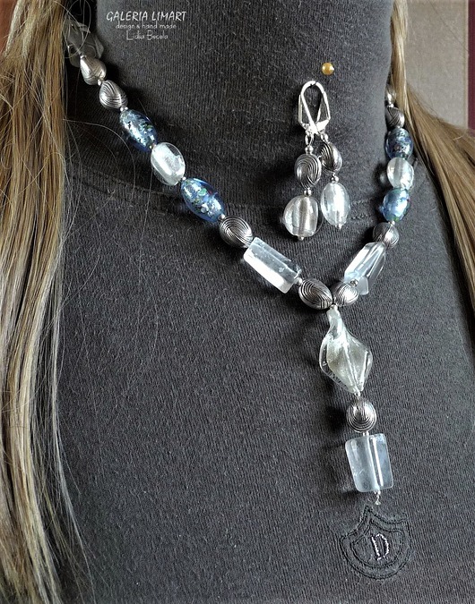 kolie Komplet ślubny z kryształu górskiego i szkła weneckiego unikat handmade