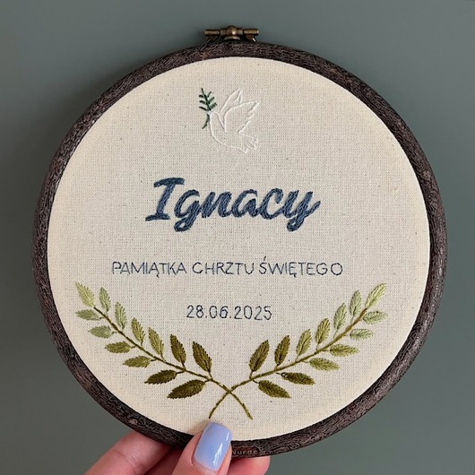 Chrzest - inne Tamborek haftowany, metryczka, pamiątka Chrztu Świętego