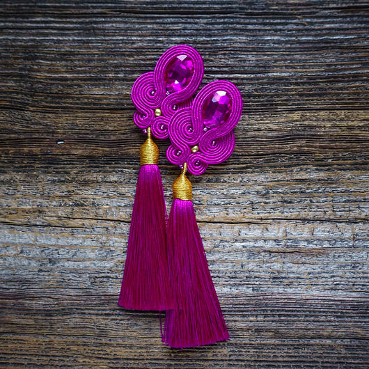kolczyki soutache Fuksja i złoto - kolczyki sutasz z chwostami