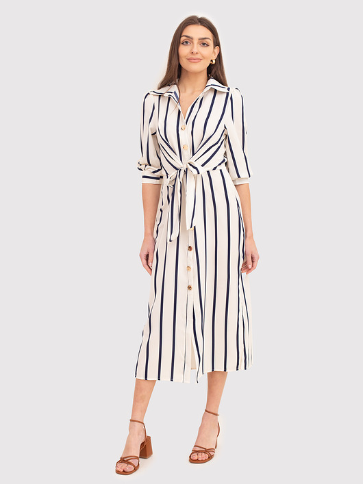 sukienki midi damskie Kremowa sukienka midi w paski z guzikami i rękawami 3/4 DA1794 CREAM/NAVY