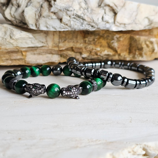 biżuteria męska Męska podwójna bransoletka / Zielone Tygrysie Oko / Głowy Panter / Hematyt