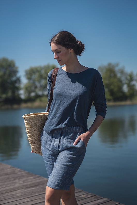 bluzki z długim rękawem damskie Lniana bluzka dzianinowa niebieska