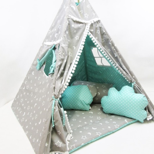 Dwustronne Tipi + Mata + Poduszki Szaro Miętowe Enitka Sweet Baby Room
