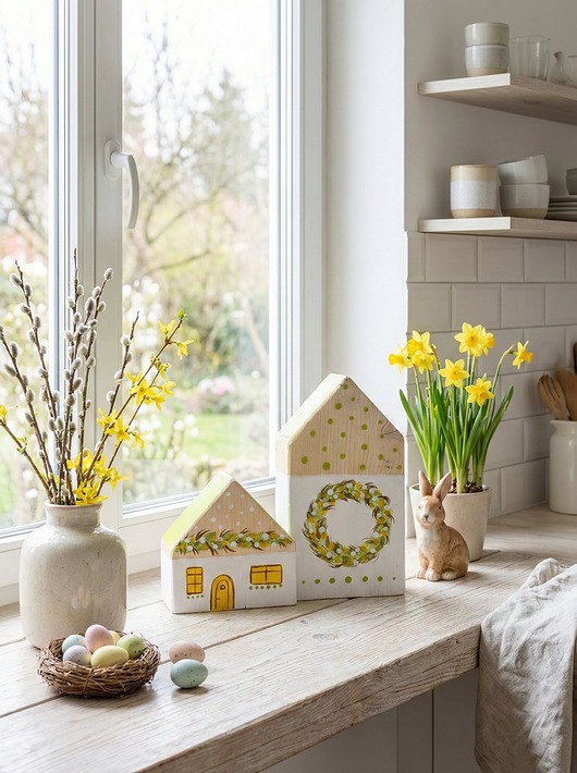 ozdoby wielkanocne Zestaw drewnianych domków (Wiosenne, WIelkanocne)