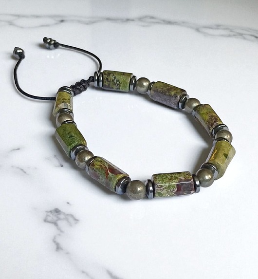 biżuteria męska PREMIUM : jaspis smocza krew i piryt : długość regulowana