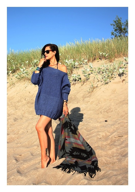 swetry damskie  Sweter handmade oversize  blue z wełną