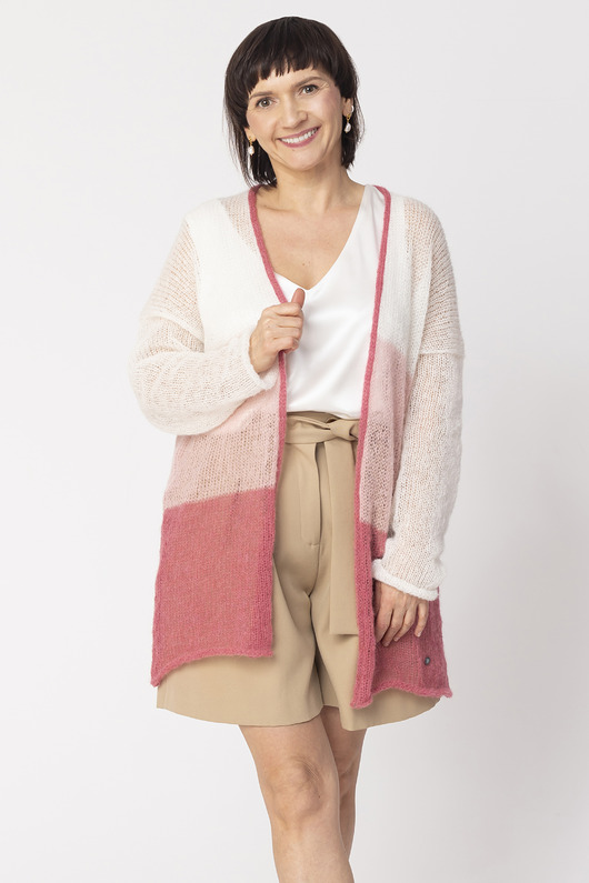 swetry damskie  Sweter wełniany w pasy - kardigan damski Pudrowy róż