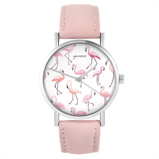 zegarki damskie Zegarek - Flamingi - pudrowy róż, skórzany