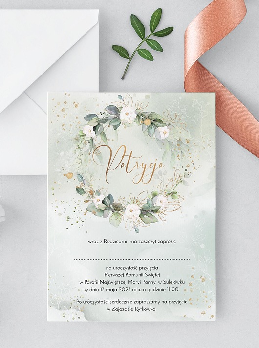 kartki, zaproszenia na chrzest Zaproszenie komunia  Zielono mi