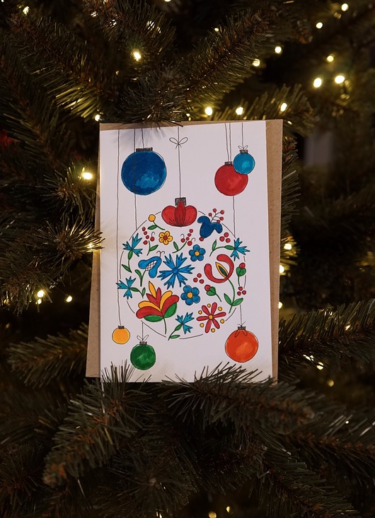 kartki okolicznościowe - wydruki Kartka Świąteczna Bombka kociewska, akwarela.